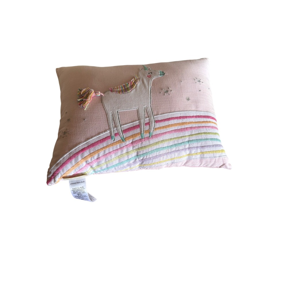 Pottery Barn Kids Decorative Pillow Pink Unicorn Rainbow Embroidered Tassel Star